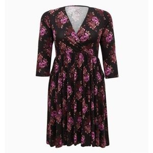 Faux wrap 3/4 sleeve skater dress